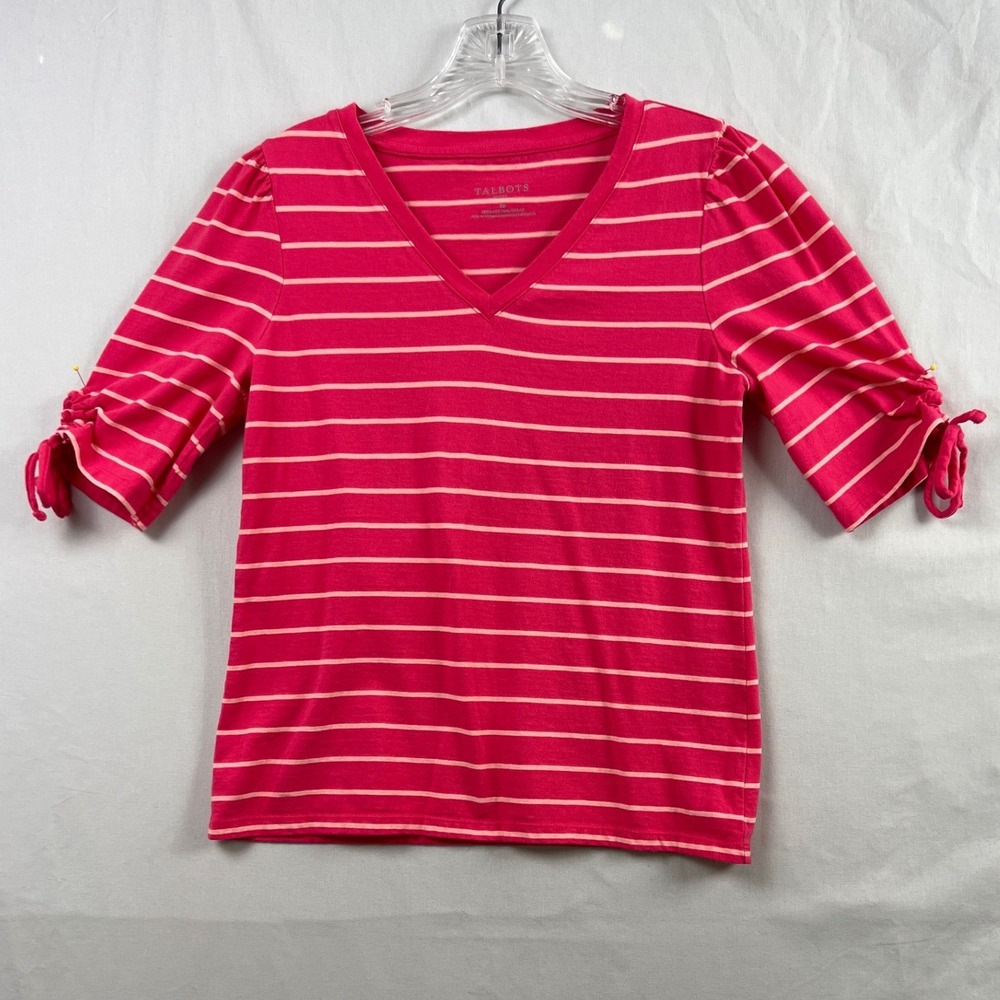 Talbots Striped V-Neck Tee Women SP Pink Puff Sleeve Tie Cuff Cotton Top